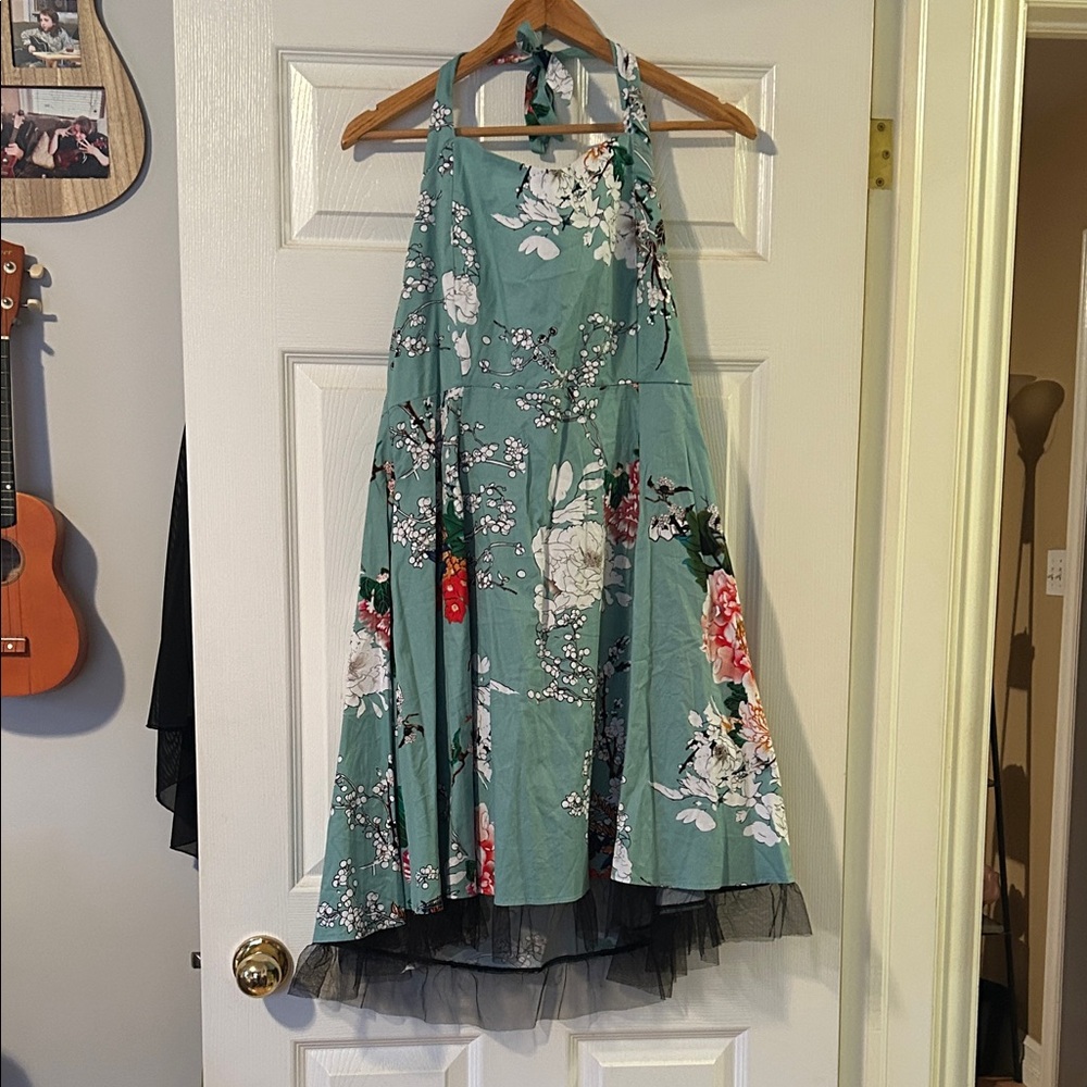 Pinup Floral Halter Midi Dress in Teal - Brand: